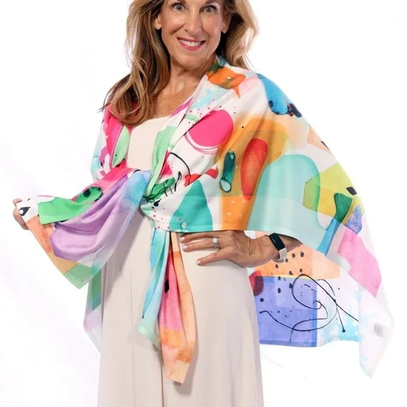 Multicolor Abstract Watercolor Women's Wrap Scarf - Picture 3 of 9